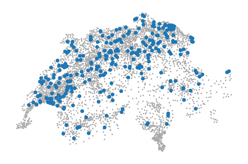 Kaart van Zwitserland met de locatie van plaatsnamen die eindigen op -au als blauwe bollen. De overige plaatsen zijn grijze bolletjes.