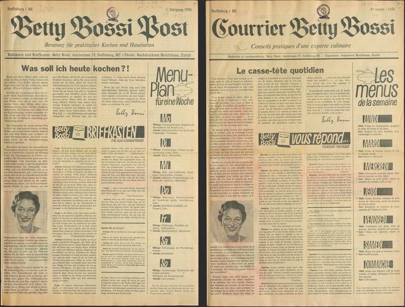Een oude krant met de titel Betty Bossi Post aan de linkerkant en Courrier Betty Bossi aan de rechterkant. Beide pagina's bevatten tekst en menuplannen voor maaltijden, met een afbeelding van een vrouw onderaan elke pagina.