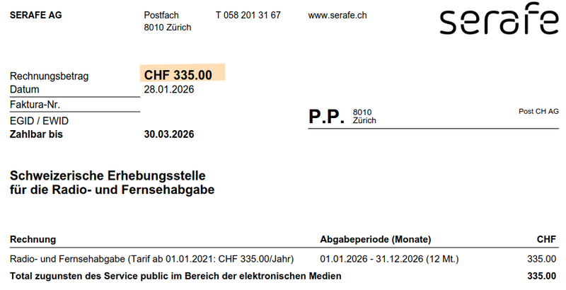 Rekening van Serafe AG voor radio- en televisieheffing, bedrag CHF 335,00, betaaldatum 28.01.2020, vervaldatum 30.03.2020.