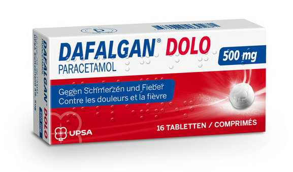 Dafalgan Dolo paracetamol 500 mg verpakking, 16 tabletten, met tekst in het Duits en Frans over pijn en koorts.