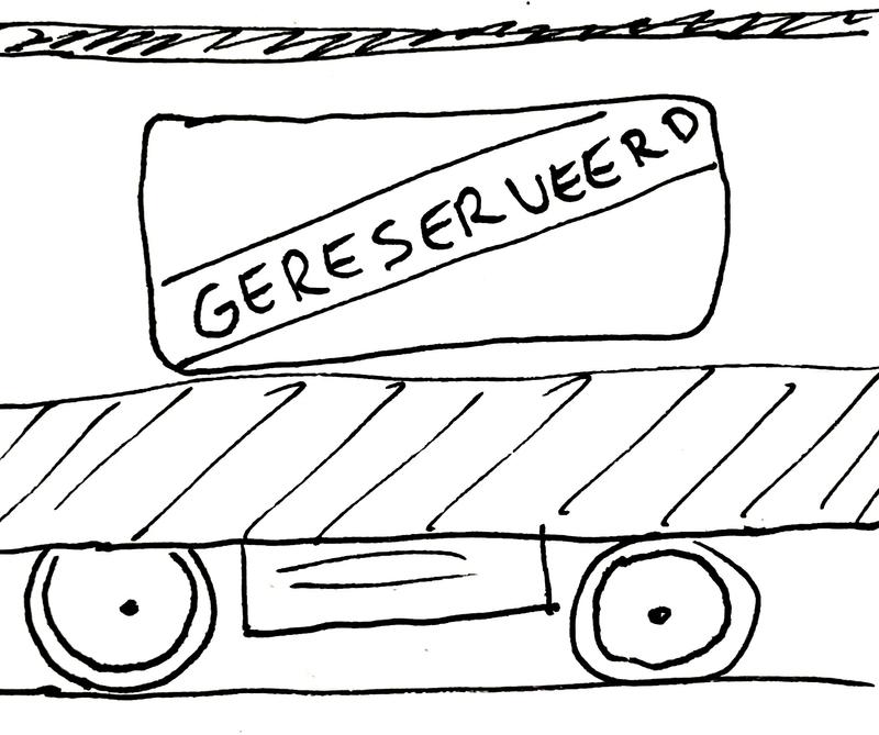 Zwart-wit tekening van een gereserveerd bord op een treincoupé.