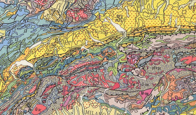 Een gedetailleerde geologische kaart met verschillende kleuren en patronen die verschillende geologische formaties en structuren weergeven.