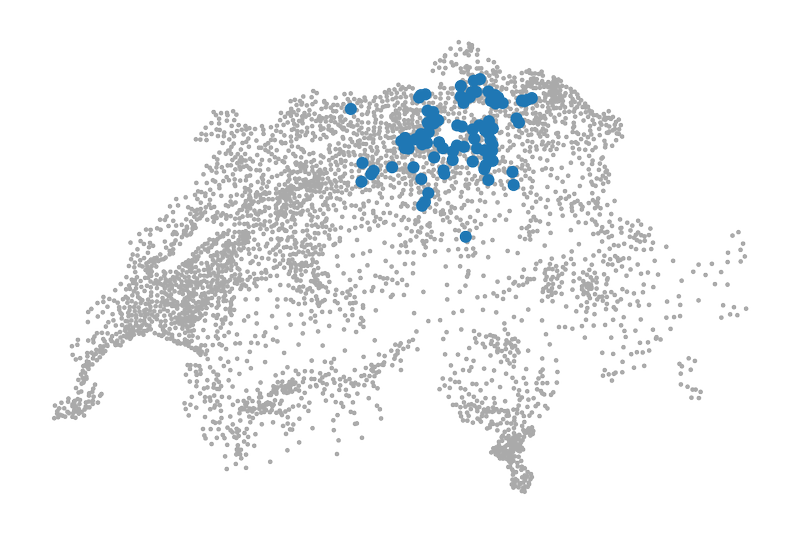 Kaart van Zwitserland met de locatie van plaatsnamen die eindigen op -ikon als blauwe bollen. De overige plaatsen zijn grijze bolletjes.