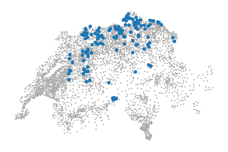 Kaart van Zwitserland met de locatie van plaatsnamen die eindigen op -ingen als blauwe bollen. De overige plaatsen zijn grijze bolletjes.