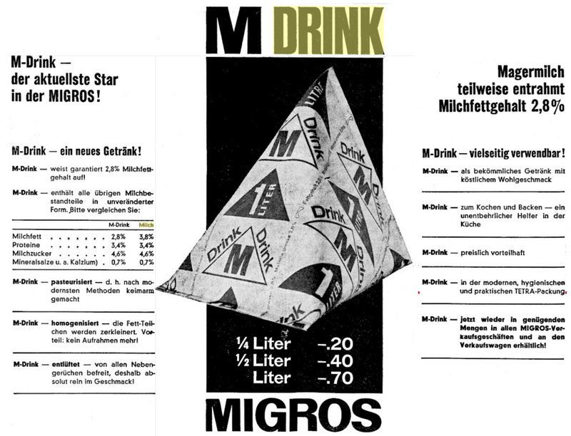 Oude zwart-wit advertentie voor M-Drink van de Migros supermarkt. Er is een grote foto van een piramidevormige verpakking te zien. Eromheen staan voedingswaarden, verschillende prijzen voor de verpakkingsgroottes en aanprijzingen zoals 'M-Drink - der aktuelle Star in der Migros!' (M-Drink - de huidige ster van de Migros!) en 'Magermilch teilweise entrahmt Milchfettgehalt 2.8%' (Magere melk gedeeltelijk ontvet, vetpercentage 2.8%).