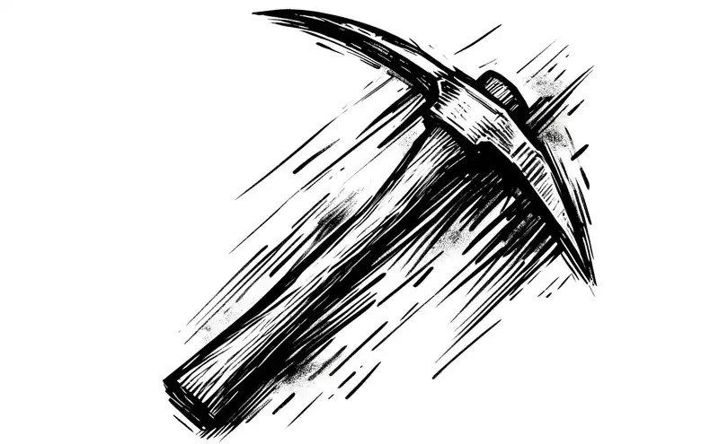 Zwart-witte schets van een houweel met een houten handvat en een metalen punt.
