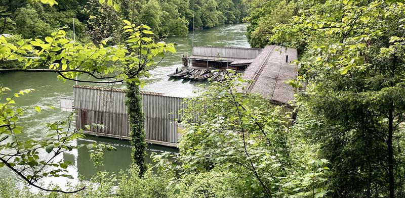 Een houten gebouw aan de oever van een rivier, omgeven door weelderige groene bomen en struiken.