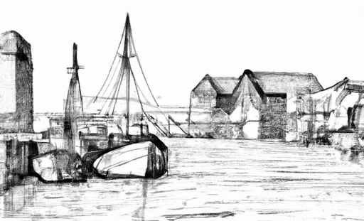 Een schets van een haven met boten aangemeerd aan de kade en gebouwen op de achtergrond. dalle-2 prompt: sketch of an old fashioned harbour with the wharf visible, black ink only.