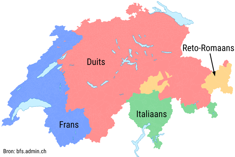 kaart van Zwitserland met de vier taalgebieden. In het westen Frans, het zuid oosten Italiaans, het oosten een paar Reto-Romaanse gebieden en de rest Duitstalig gebied.