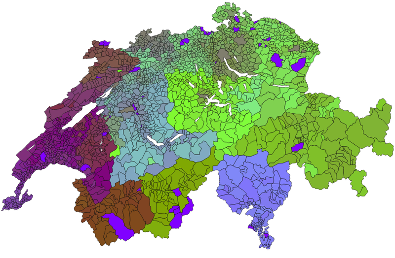 Alle gemeenten in Zwitserland gekleurd van paars tot groen afhankelijk van hun stemgedrag.