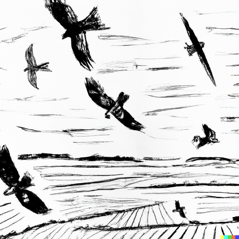 Zwart-wit tekening van vogels die boven een landschap met velden vliegen.