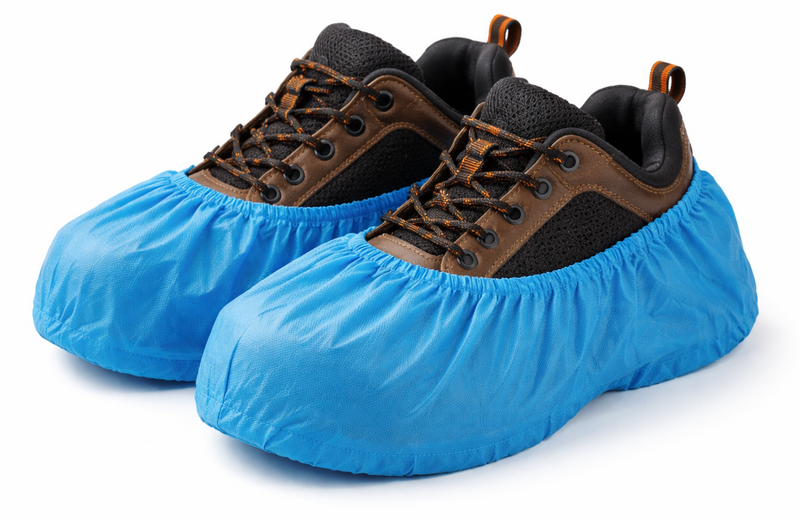 chatgpt prompt: create a photograph of sturdy workers shoes with blue cleanroom overshoes. Make the background white, like a studio photo.