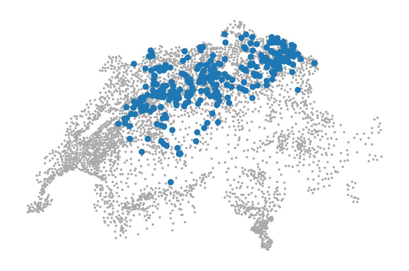 Kaart van Zwitserland met de locatie van plaatsnamen die eindigen op -wil als blauwe bollen. De overige plaatsen zijn grijze bolletjes.